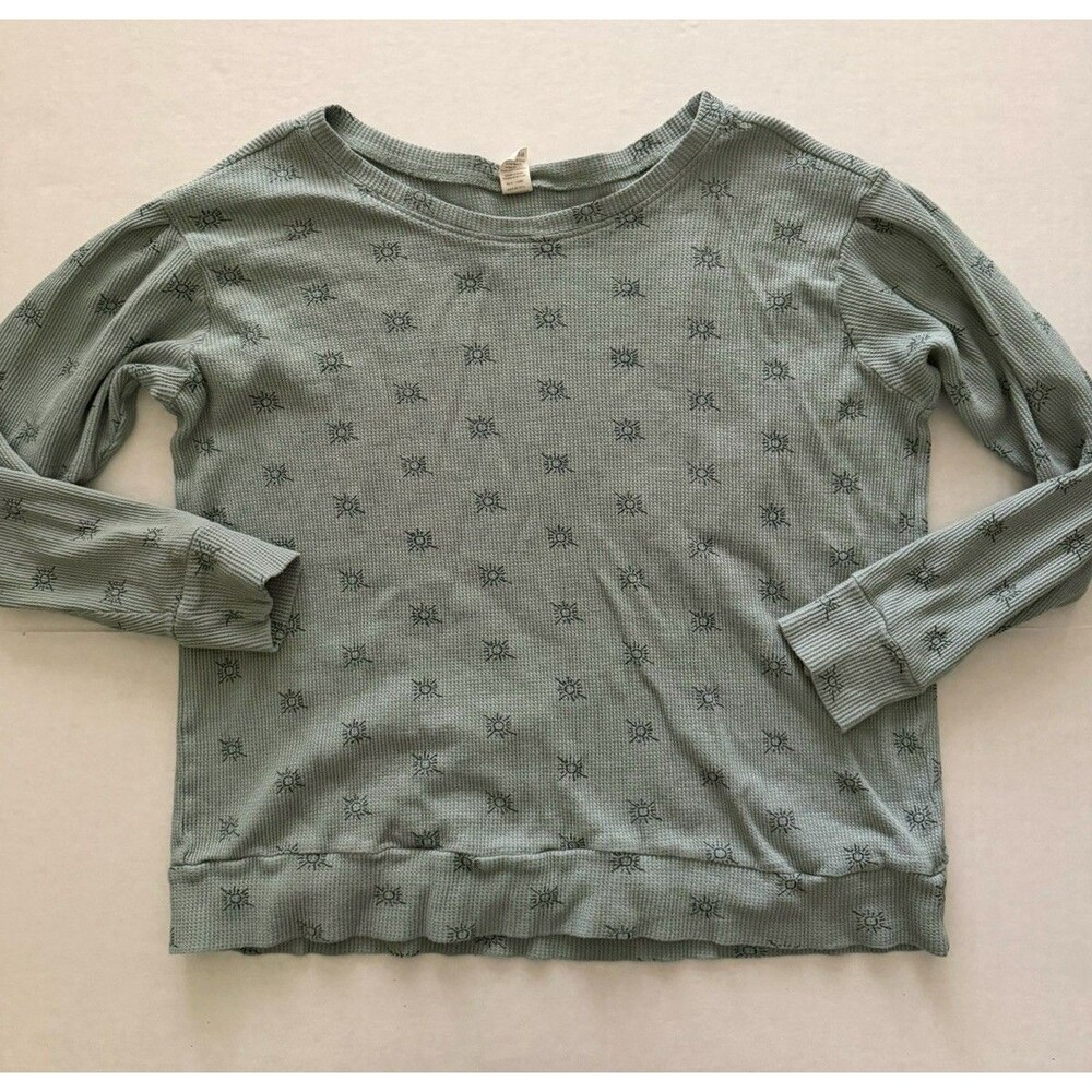 Kate Quinn Women’s Mama XL Waffle Knit Floral Top Pleated Sleeves Boxy Sage